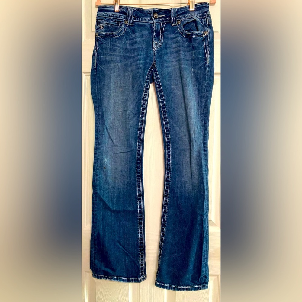 MISS ME Denim Women's Rhinestones Embellished Low Rise Boot Cut Blue Jeans 28